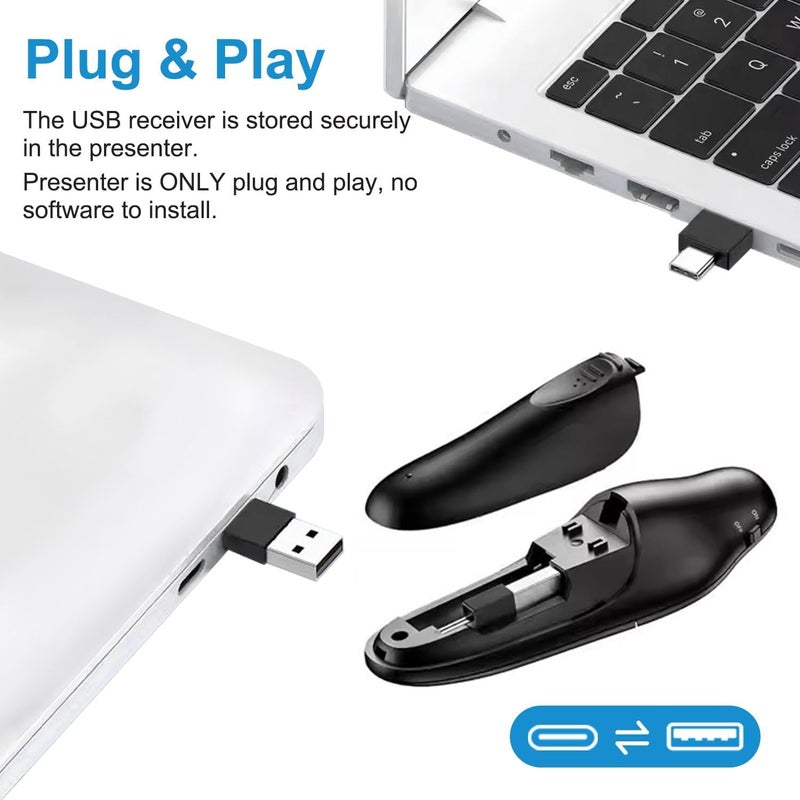 VOVIGGOL جهاز تحكم عرض تقديمي USB/Type-C 2 في 1 لجهاز PowerPoint عن بُعد، جهاز تحكم لاسلكي 2.4GHz لجهاز العرض التقديمي USB، جهاز تحكم PowerPoint لجهاز Mac، الكمبيوتر، اللابتوب - Image 4